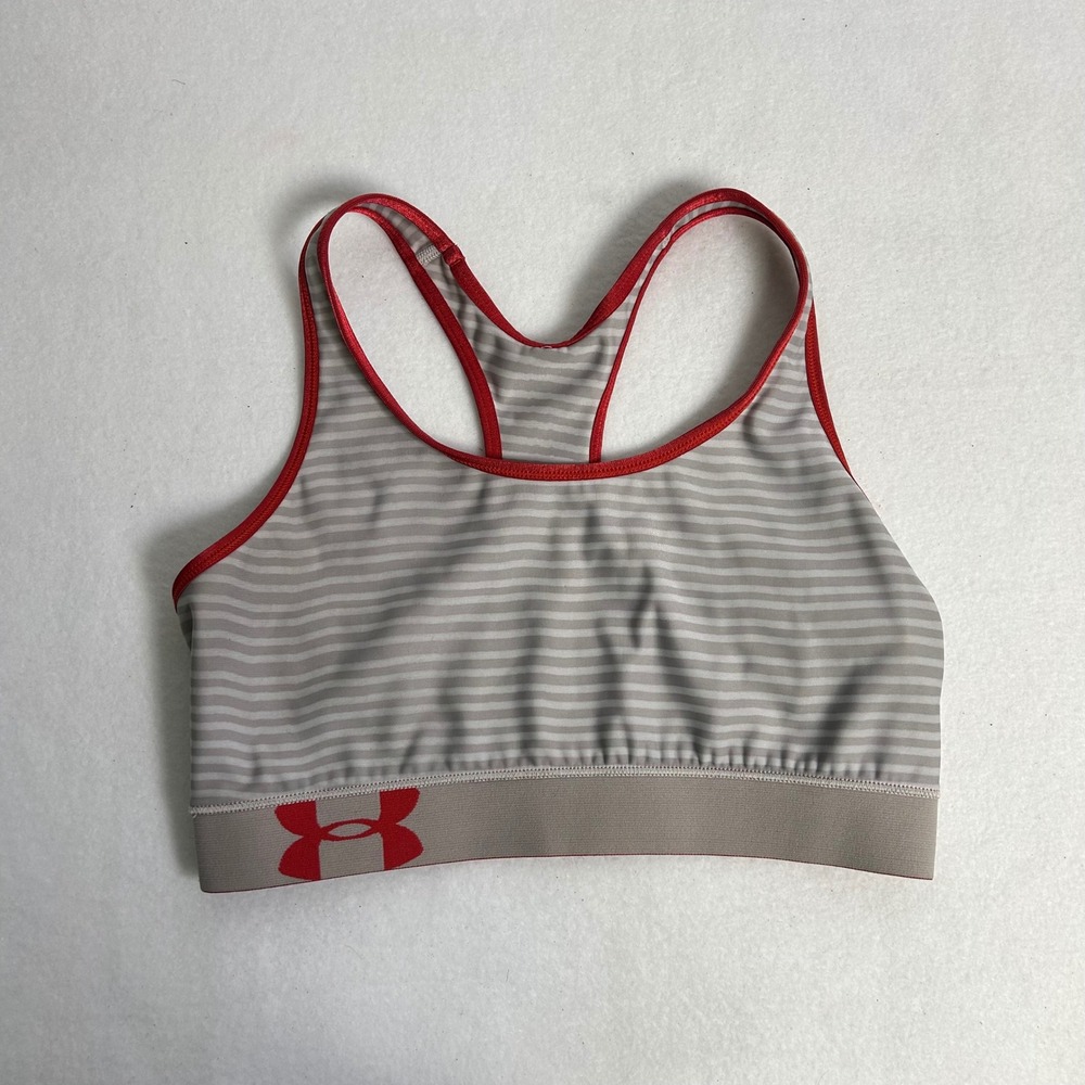 Athleisure Under‎ Armour Womens S Grey Red Striped Racerback HeatGear Sports Bra